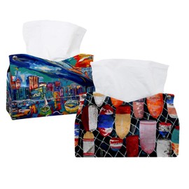 2 Pack Tissue Box Cover Holder, Buoy Painting Nautical Rectangle Leather Tissue Case, Decorative Organizer for Tabletop, Bathroom, Car, Office