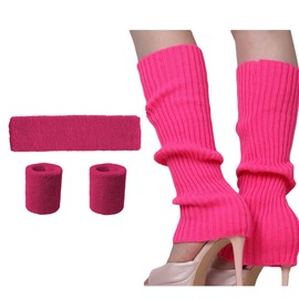 Song Qing Women 80s Dance Plain Ribbed Running Headband Wristbands Knit Crochet Long Leg Warmers Set
