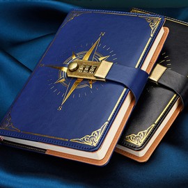 LinYesh PU Leather Journal with Code Lock, Retro Nautical Pattern Notebook, A5 Secret Password Notepad Diary Journal Travel Diary Organiser with Combination Lock, Personal Code Lock