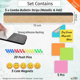 INOVES Combo Bulletin Board Strips - 5Pcs Premium Small Cork Board for Office w/Magnetic Strip, Strong Adhesive Felt Cork Board Strips for Walls, Home Office Cork Strips Memo Board 1/2" Thick (Cream)