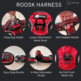 ROOSK Dog Harness | No-Pull, Reflective, 4-Way Adjustable w/Poop Bag Holder | Ultimate Comfort, Soft, Padded Waterproof Oxford w/Airmesh | 2 Leash Clips (Red, Small)