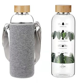 Ttifangix Glass Water Bottle 64 Oz with Time Markers, Wide Mouth Bamboo Lid, Neoprene Sleeve, Bpa Free, Leakproof, Reusable