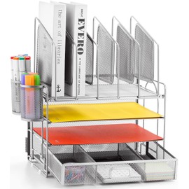 Marbrasse Desk Organizers, 4-Tier Mesh Desk File Organizer with 5 Vertical File Holders and 2 Pen Holders, Multifunction Desktop Organizer,Desk Organizers and Accessories for Home Office (Silver)