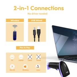 NADAMOO Wireless Barcode Scanner 328 Feet Transmission Distance USB Cordless 1D Laser Automatic Barcode Reader Handhold Bar Code Scanner with USB Receiver for Store, Supermarket, Warehouse - Violet