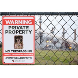 Stealth Cam Durable Attachable 8"x12" Tin Outdoor Security Alert Warning Private Property No Trespassing Live Wireless Video Area Surveillance Sign