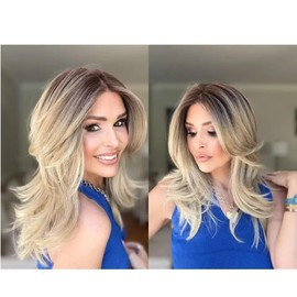 STYLE ICON 16 Inch Blonde Medium Layered Hair Wigs for Women HD Lace Front Synthetic Wigs with Curtain Bangs Pre Plucked Natural Hairline (MYTT1024613)
