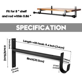 AddGrace Closet Rod Bracket Heavy Duty Shelf Brackets 8 Inch Black Wall Mounted Closet Rod Support with Pole Holder Industrial Iron Shelving Supports with Hook (4 Pack)