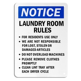 Laundry Room Rules Sign,“Resident Use, Not Responsible For Damage, Remove Promptly, Clean Lint” Notice Sign, 40 mil Laminated Rustproof Aluminum,Waterproof,10 X 14 inch
