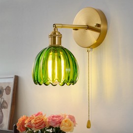 Vintage Wall Sconce 1 Pack, Green Glass Shade Gold Wall Lamp with 12 Inch Cable Switch, Modern Bathroom Wall Sconces for Bedroom Corner Hallway