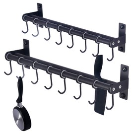 Dseap Pot Rack - Pots and Pans Hanging Rack Rail with 8 Hooks, Double Bars, Pot Hangers for Kitchen, Wall Mounted, Black, Pack of 2