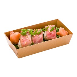 Restaurantware Matsuri Vision 5 x 4.4 x 1.4 Inch Sushi Trays 100 Greaseproof Sushi Packaging Boxes - Lids Sold Separately Disposable Kraft Paper Sushi Containers For Appetizers Or Desserts