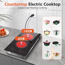Traenvir 2 Burner Electric Cooktop, 12 Inch Built-in & Countertop Electric Stovetop, Ceramic Cooktop with Touch Control, Child Safety Lock, Timer, Pause Function, 9 Power Levels, 110V - 120V Plug in