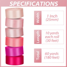 Jacriah 1 Inch Pink Satin Ribbons for Crafts, 6 Rolls Single-Faced Pink Assorted Ribbons for Gift Wrapping Flower Bouquet Wedding Invitations Bridal Shower Hair Bows Garland Party Decor