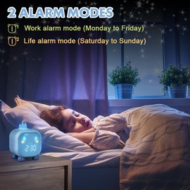 yotutun Children's Light Alarm Clock, Dinosaur Children's Alarm Clock, Digital Clock with Night Light, Timer, Snooze Function, 2 Alarms, 6 Ringtones, Adjustable (Blue)
