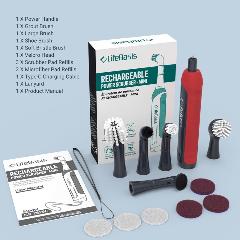 LifeBasis Rechargeable Power Scrubber, Cordless Electric Cleaning Brush, Water Resistant