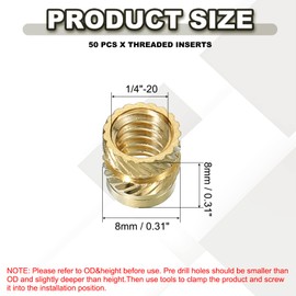 PATIKIL Threaded Inserts 1/4 Inch - 20 x 8 x 8 mm, Pack of 50 Brass Heating Insert Inserts Female Threaded Inserts Knurled Nuts Embedding Nut for Plastic and 3D Printing Components, Gold