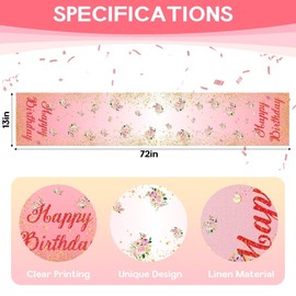 Table Runner Happy Birthday, Pink Happy Birthday Table Runners Dining Table Cloth, Rose Gold Non-Slip Fabric Birthday Table Runner, Reusable Birthday Table Cover for Girls Women Birthday, 13 x 72 Inch