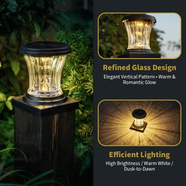 OPOIRA Glass Solar Post Cap Lights Outdoor Waterproof, 3000K LED Solar Fence Post Lights with Modular Design, Auto On/Off for Deck, Patio, Garden, 4x4 Vinyl/Wood Posts, Warm White (2 Pack)