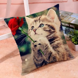 Cat Cushions Covers Flower Cat Ornament Cushion Cover Outdoor Furniture Decorative Linen Square Double Sided Printing Pillow Cover For Home Office Sofa Couch Car Garden 45 X 45Cm