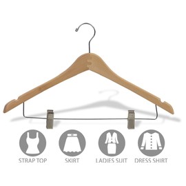 The Great American Hanger Company Curved Wood Combo Hanger w/Adjustable Cushion Clips, Box of 25, 17 Inch Wooden Hangers w/Natural Finish & Chrome Swivel Hook & Notches for Shirt Jacket or Dress
