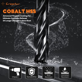 Crosstar M35 Cobalt Drill Bit Set for Hardened Metal & Stainless Steel - 21pcs Titanium Aluminum Nitride Coated (TiAlN), Three-Flute Design, 1/16"-1/2" Metal Drill Bits