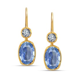 LeCalla 925 Sterling Silver 14K Gold-Plated Italian Oval Blue Sapphire Gemstone and 0.01 Carat Lab Grown Diamond Leverback Birthstone Small Drop Dangle Earrings for Women 21 MM