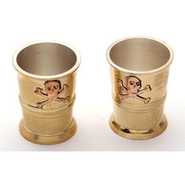 Museum Replicas Pirate Captain Brass Shot Glasses Set of 2 Skull Crossbones Cups with Silver Plated Interior and Engravable Wood Box Nautical Gift Jigger Barware Decor