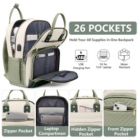Laptop Backpack for Women Work Bag - 15.6 inch Travel Backpack with USB Charger College Bookbag Waterproof Business Computer Backpack Anti-theft Casual Backpacks for Nurse Teacher Beige Light Green