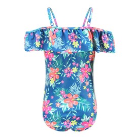 Aisyee Big Girls One Piece Bathing Suit Off Shoulder Swimsuits Kids Hawaiian Floral Swimwear Blue Size 16/14-16