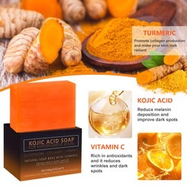 Kojic Acid Soap, Natural Soap Bar with Turmeric, Vitamins C Soapfor Dark Spot Acne Blackheads Hyperpigmentation, Deep Cleansing Facial & Body Skin Brightening Moisturizing, 3 x 100g (Kojic Acid)