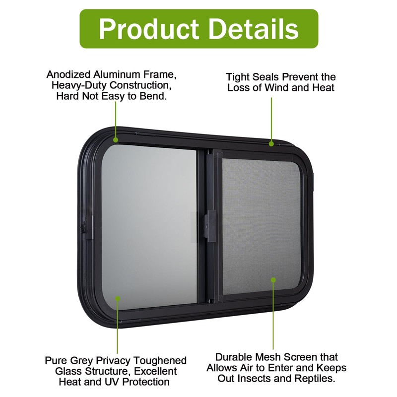24"x15" RV Sliding Window - Horizontal Teardrop Style, DOT-Certified Tempered
