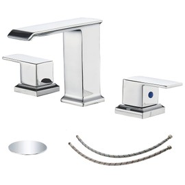 BWE Waterfall Widespread Bathroom Faucet Chrome 3 Holes with Pop Up Drain Stopper with Overflow and Supply Line 2-Handle Bath Lavatory Vanity Sink Mixer Tap Square