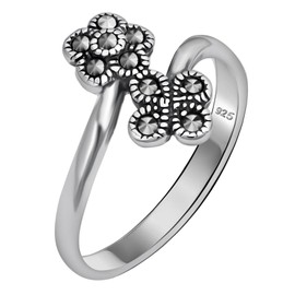 Alpha Rock Genuine Solid 925 Sterling Silver Marcasite Women's Moon and Star Oxidized Stacking Band Ring, Sterling Silver, simulated marcasite