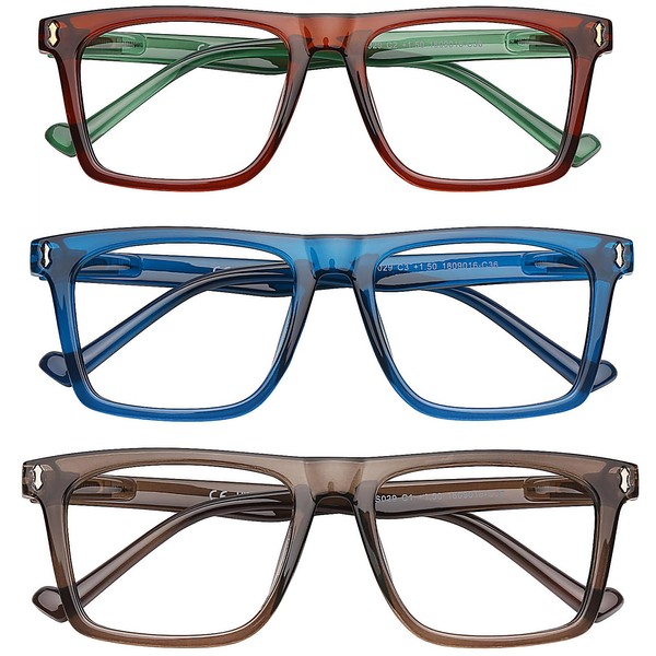 AQWANO 3 Pack Reading Glasses Men 2.0 Computer Blue Light