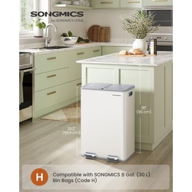SONGMICS Trash Can, 2 x 8 Gallon (2 x 30 L) Dual-Compartment Garbage Can with Soft-Close Lid, Pedal and Inner Buckets, Stainless Steel, Includes 15 Liner Bags, Matte White ULTB741W01