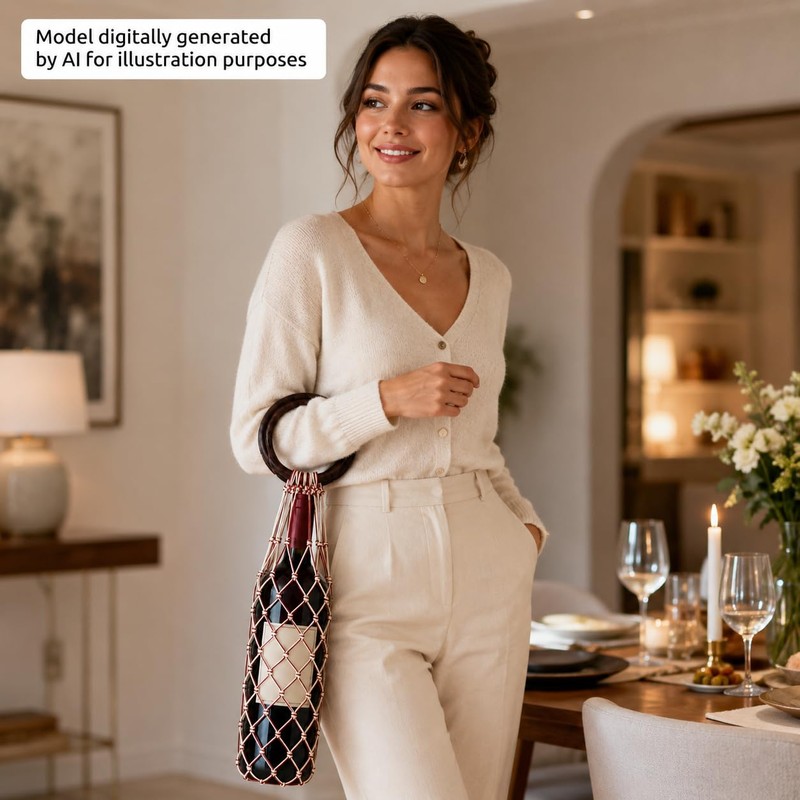 Woven Wine Bottle Tote Bag Wooden Ring Handle Macrame Carrier