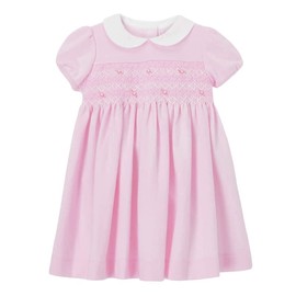HILEELANG Toddler Girl Easter Dress Summer Short Sleeve Pink Peter Pan Collar Smocked Playwear Party Sundress 3T