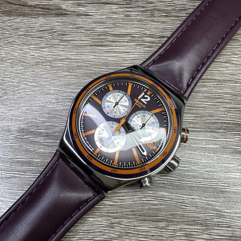 Swatch NEW✅ Swatch Irony PRISIONER Chronograph Dark Purple Leather Men's