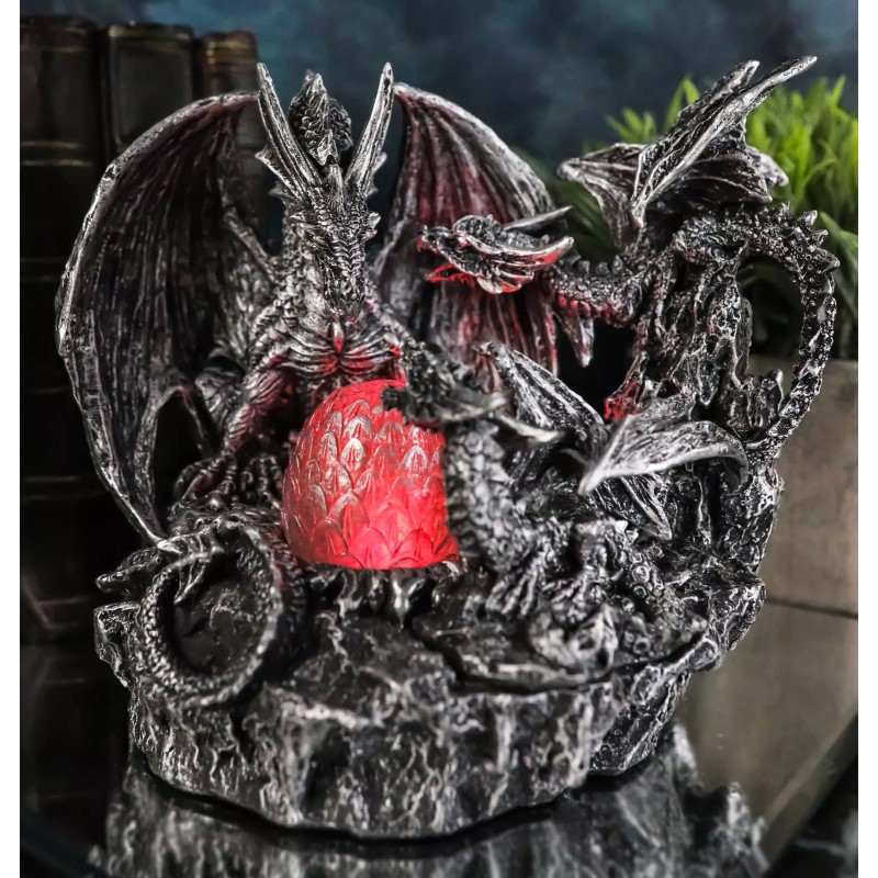 Mother Dragon With Baby Wyrmlings Guarding LED Crystal Egg Night