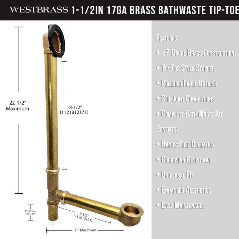 Westbrass A324-26 22-1/2" Bath Waste & Overflow Assembly with Trip