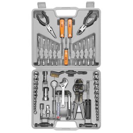 Performance Tool W1193 SAE/Metric Multi-Use Tool Set, General Household Hand Tools, Auto Repair Tool Set, with Plastic Toolbox Storage Case, Gray, 119-Pieces