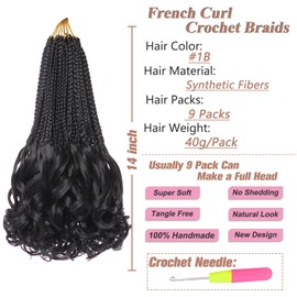 RuiYok 9 Packs French Curl Crochet Braids 14 Inch Black Crochet Hair Pre Looped Goddess Box Braids with Bouncy Curly Ends Synthetic French Curly Braiding Hair for Women