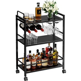 Home Bar Serving Cart, Serving Cart with Wheels and Handle, 3 Tier Rolling Kitchen Cart, Microwave Cart, Beverage Cart with Wine Holder and Glass Holders, for Dinning Room, Living Room, Black