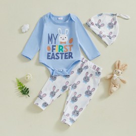 Geagodelia Infant Baby Boy 1st Easter Outfits Short Sleeve Letter Print Romper Jumpsuit Bodysuit and Bunny Print Elastic Long Pants and Hat Sets 3Pcs Clothes for Baby Boy (Navy Blue, 3-6 Months)