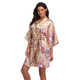 Mignon Cromwell Women's Floral Bride Bridesmaids Robe Satin Wedding Kimono Bridal Dressing Gown Sleepwear,S/M