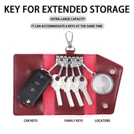 COREION Large leather key case wallet with 6 hooks and keychains/rings for men or women, Unisex Mens Womens Key Case Holder (BURGUNDY)