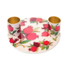 Yair Emanuel Flat Plate Candle Holders for Shabbat 6 Inch Vibrant Pattern Design Modern Judaica Gift (CSE-1 Pomegranates)