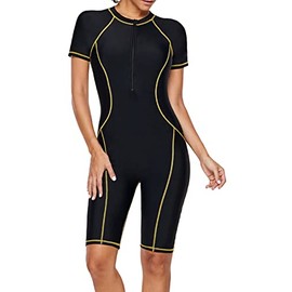 FEOYA Swimming Suits for Women Zip Up One Piece Swim Bodysuit Half Sleeve Swimsuits UPF 50 Zipper Surfing Wetsuit Yellow