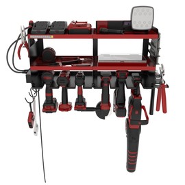 Permasteel Power Tool Organizer Wall Mount - 150 Lbs Load 3-Layer Heavy Duty Metal Storage Rack with Charging Station, Holds 6 Drills, 9 Hand Tools and 16 drill bits for Garage and Workshop, Red