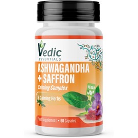Vedic Ashwagandha-Saffron Calming Complex | 6 Calming Herbs Blend- Ashwagandha Enriched with Saffron, Chamomile, Hops, Inositol & Schisandra Berry | High Strength 2290mg | Premium, Vegan, 60 Capsules